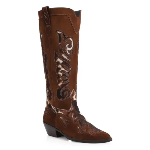 Bota Western Couro Camurça Marrom/Couro Pelo Vaca