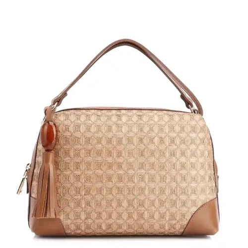 Bolsa De Mão Ráfia Mosaico Marrom