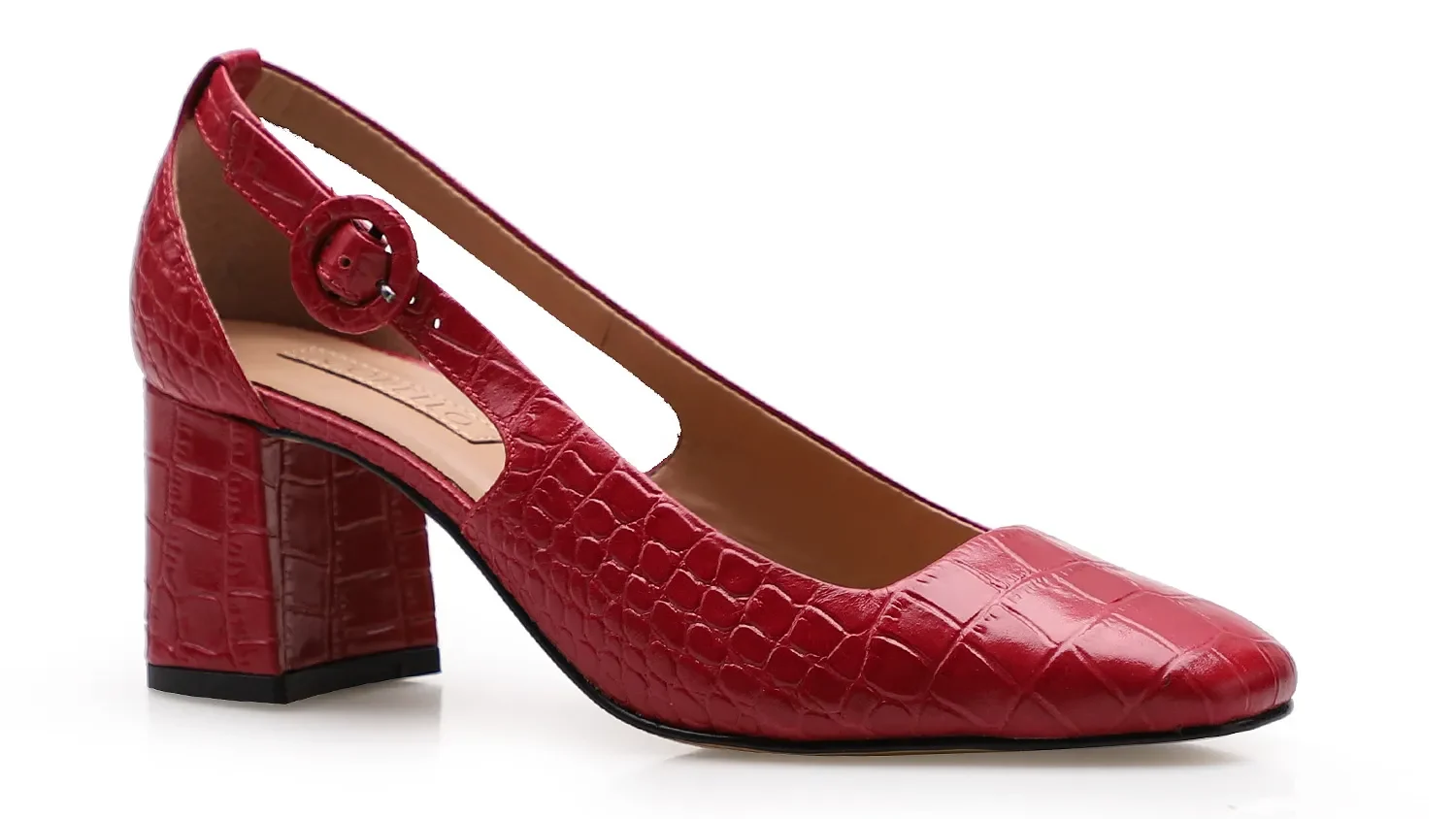 Scarpin Bico Quadrado Couro Croco Vermelho
