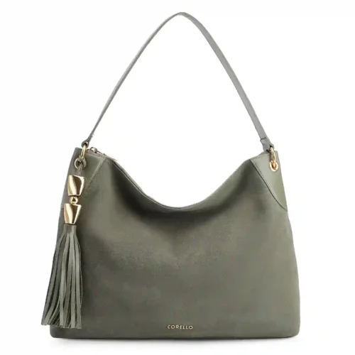Bolsa Hobo Argola Couro Camurça Verde/Couro Verde
