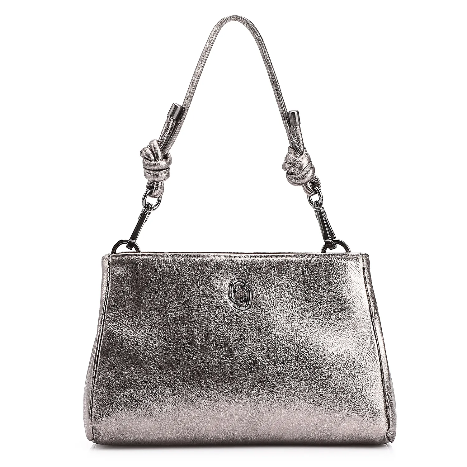 Bolsa de mão feminina Corello em couro estruturado prata com efeito metalizado suave e acabamento estonado. Possui alça curta de mão com detalhe de nó marcado."