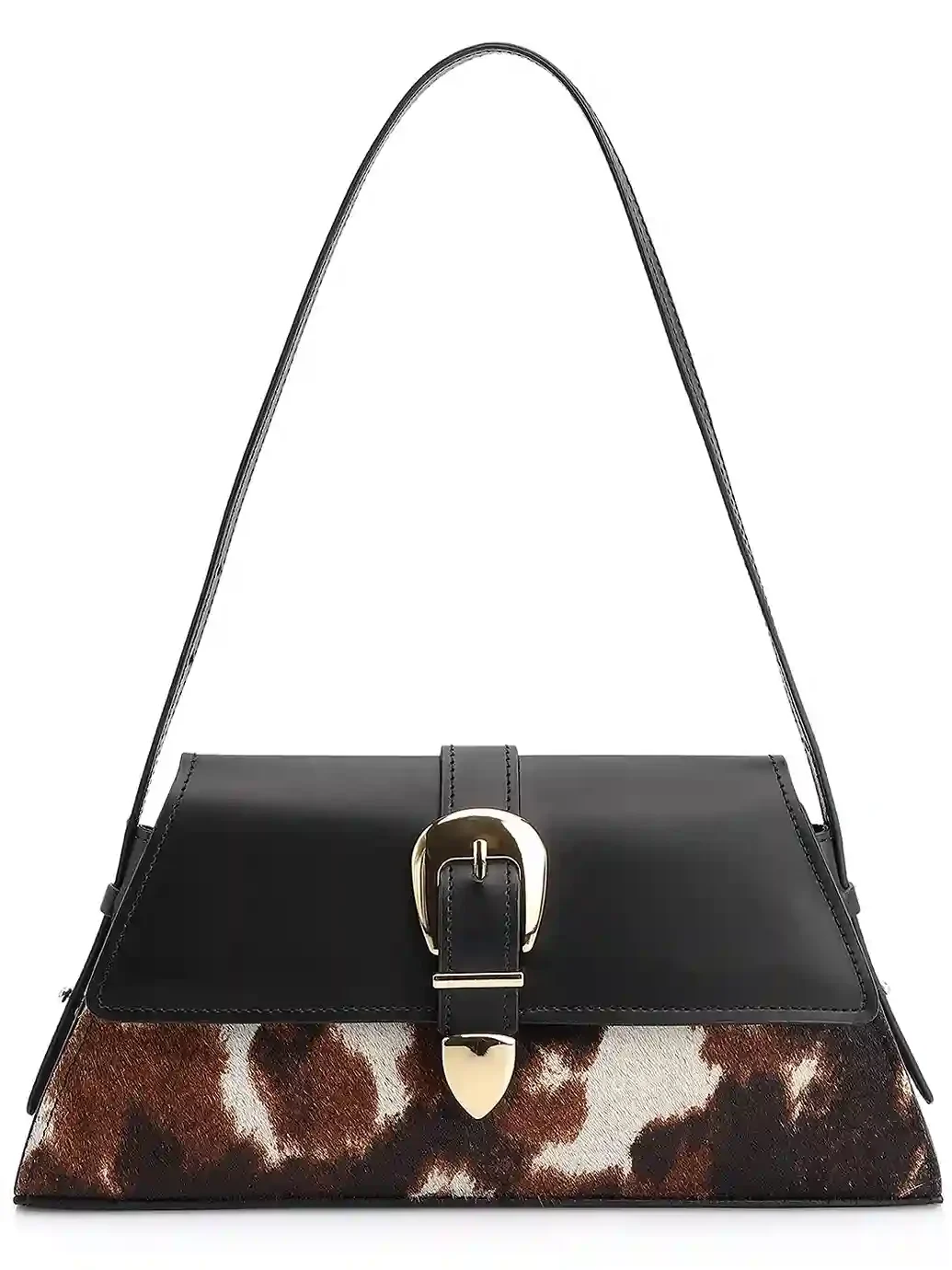 Bolsa De Ombro Fivela Couro Preto/Couro Pelo Vaca