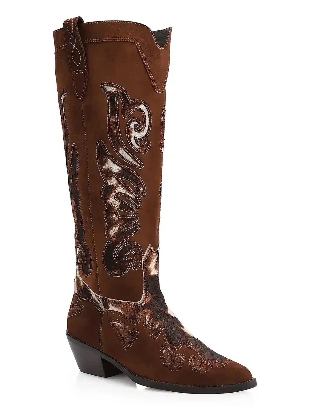 Bota Western Couro Camurça Marrom/Couro Pelo Vaca