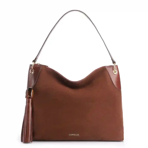 Bolsa Hobo Argola Couro Camurça/Couro Marrom Escuro