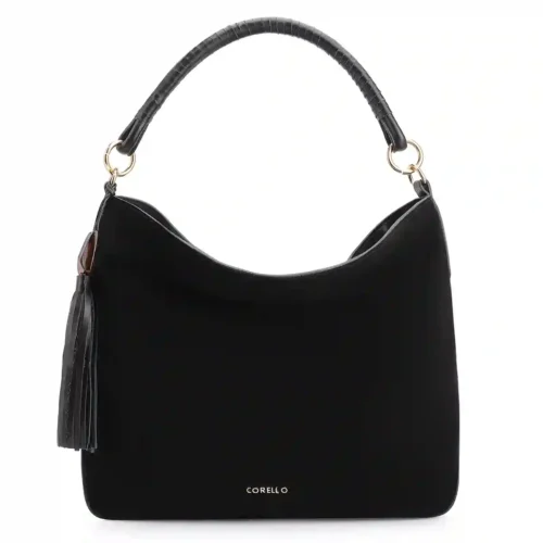 Bolsa Hobo Couro Camurça Preto/Couro Preto