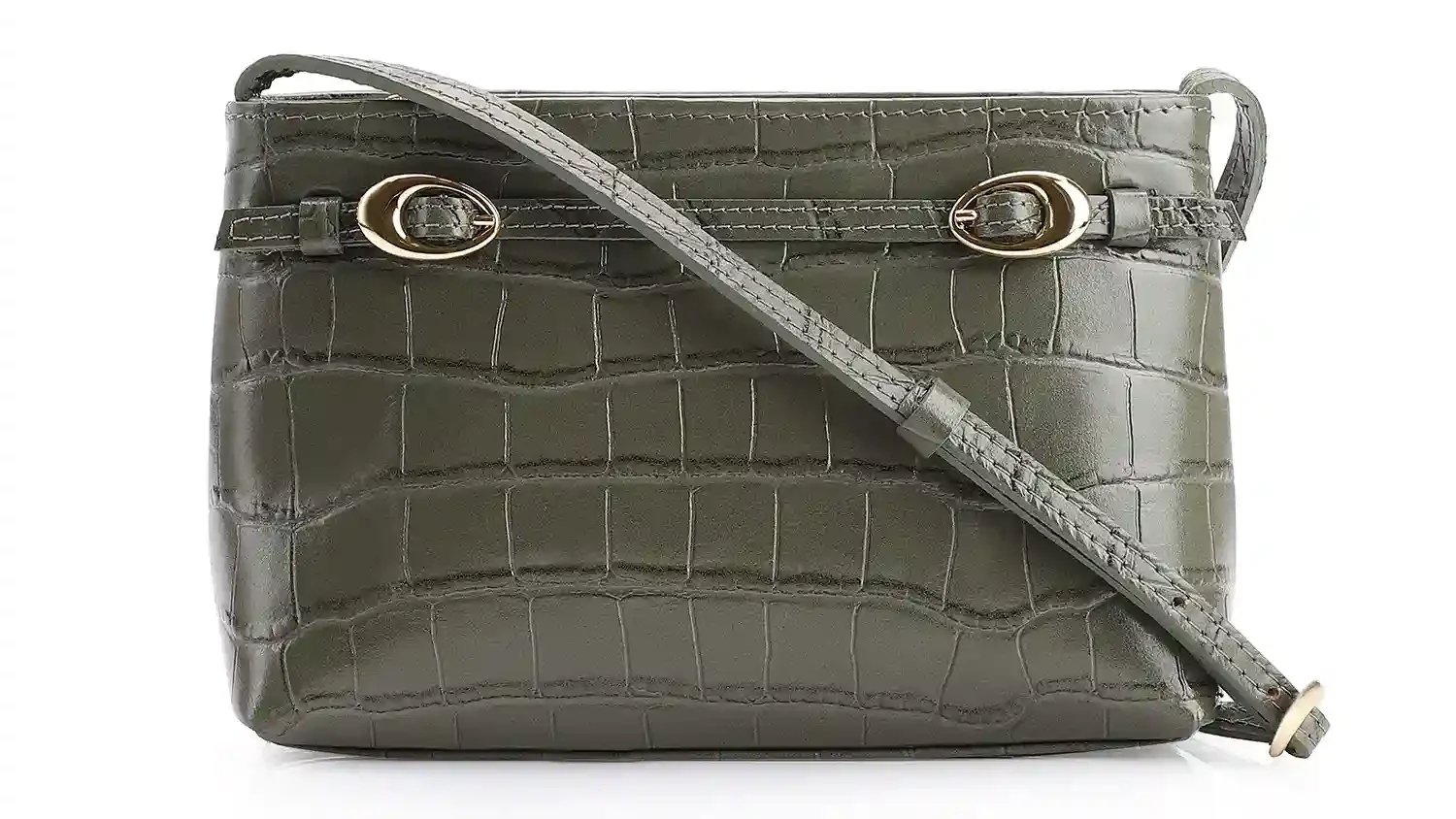 Bolsa Transversal Fivelas Couro Croco Verde
