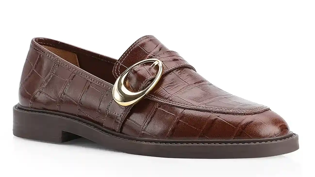 Mocassim Fivela Couro Croco Marrom
