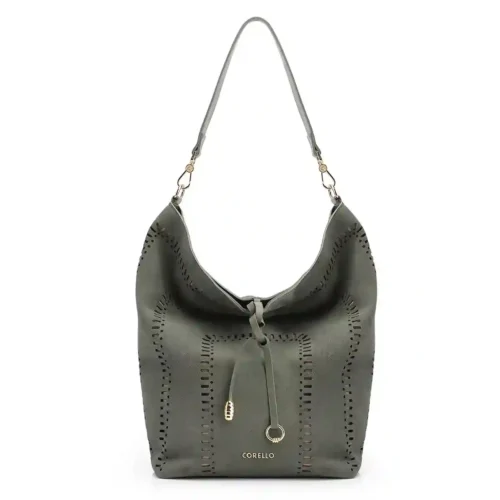 Bolsa Hobo Laser Cut Couro Camurça/Couro Verde
