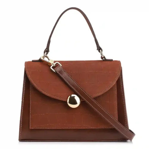 Bolsa Tote Couro Nobuck Croco/Couro Marrom Escuro
