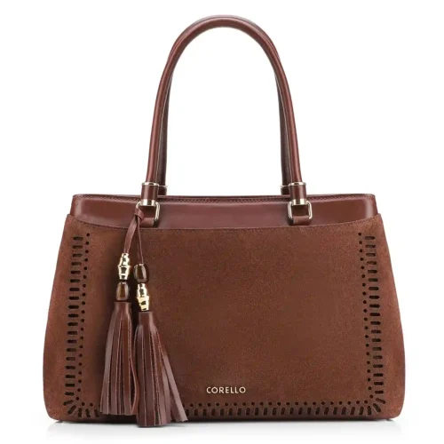 Bolsa Tote Laser Cut Couro Camurça/Couro Marrom Escuro