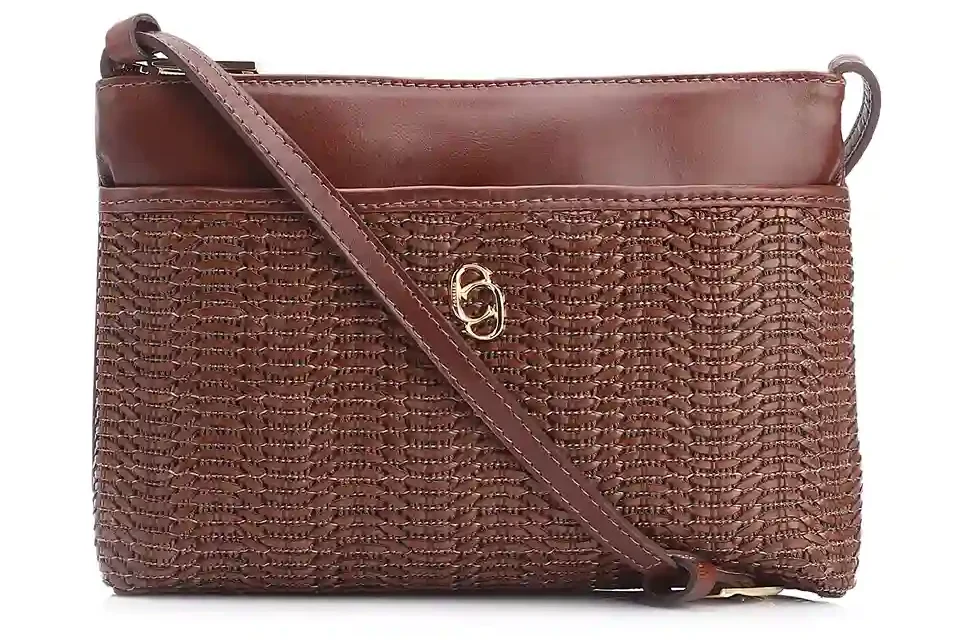 Bolsa Transversal Couro Marrom/Alt Tramado Marrom