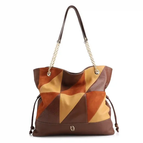 Bolsa Hobo Patchwork Couro Marrom/Patchwork Colorido