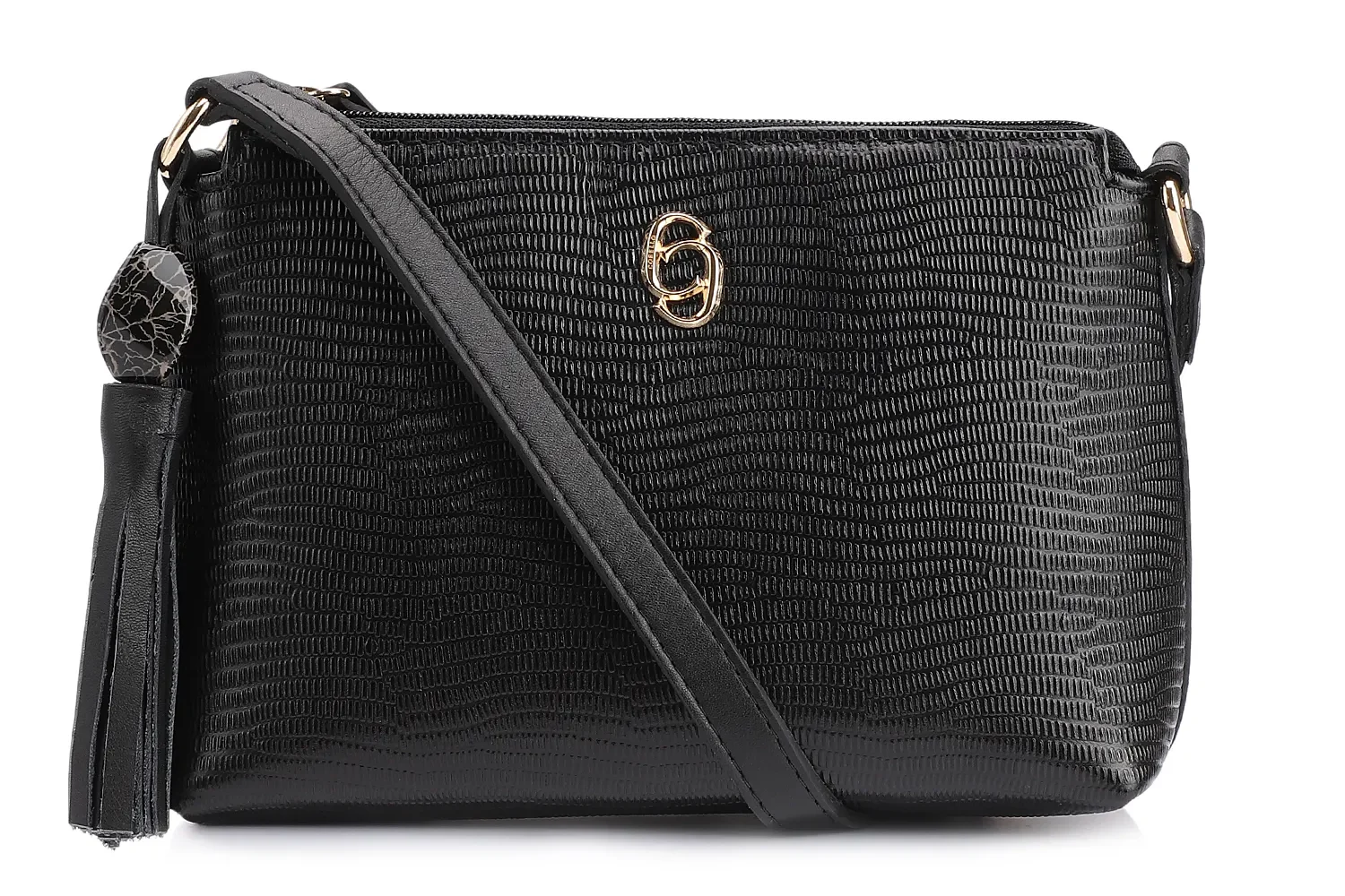 Bolsa Transversal Couro New Lezard Preto/Couro Preto