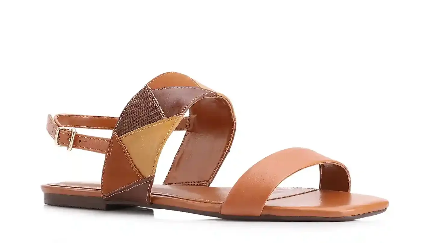 Rasteirinha Patchwork Couro Marrom Claro/Patchwork Colors