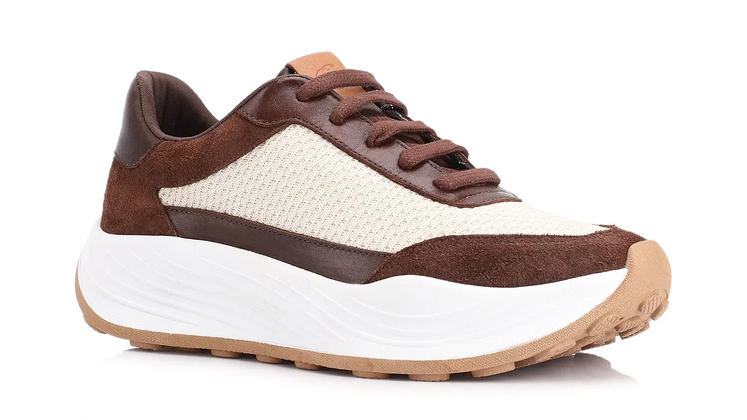 Tênis Plataforma Couro Camurça Marrom/Tela Off White
