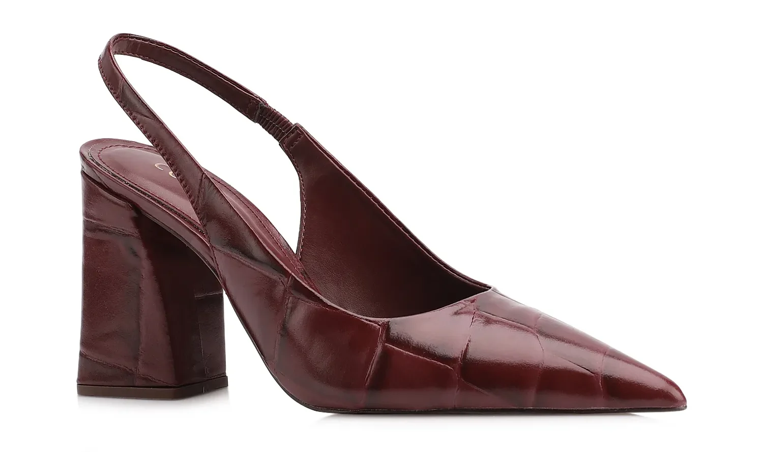 Scarpin Corello em couro com acabamento em maxi croco, é um modelo bico fino com salto bloco e tira no calcanhar para maior estabilidade. 