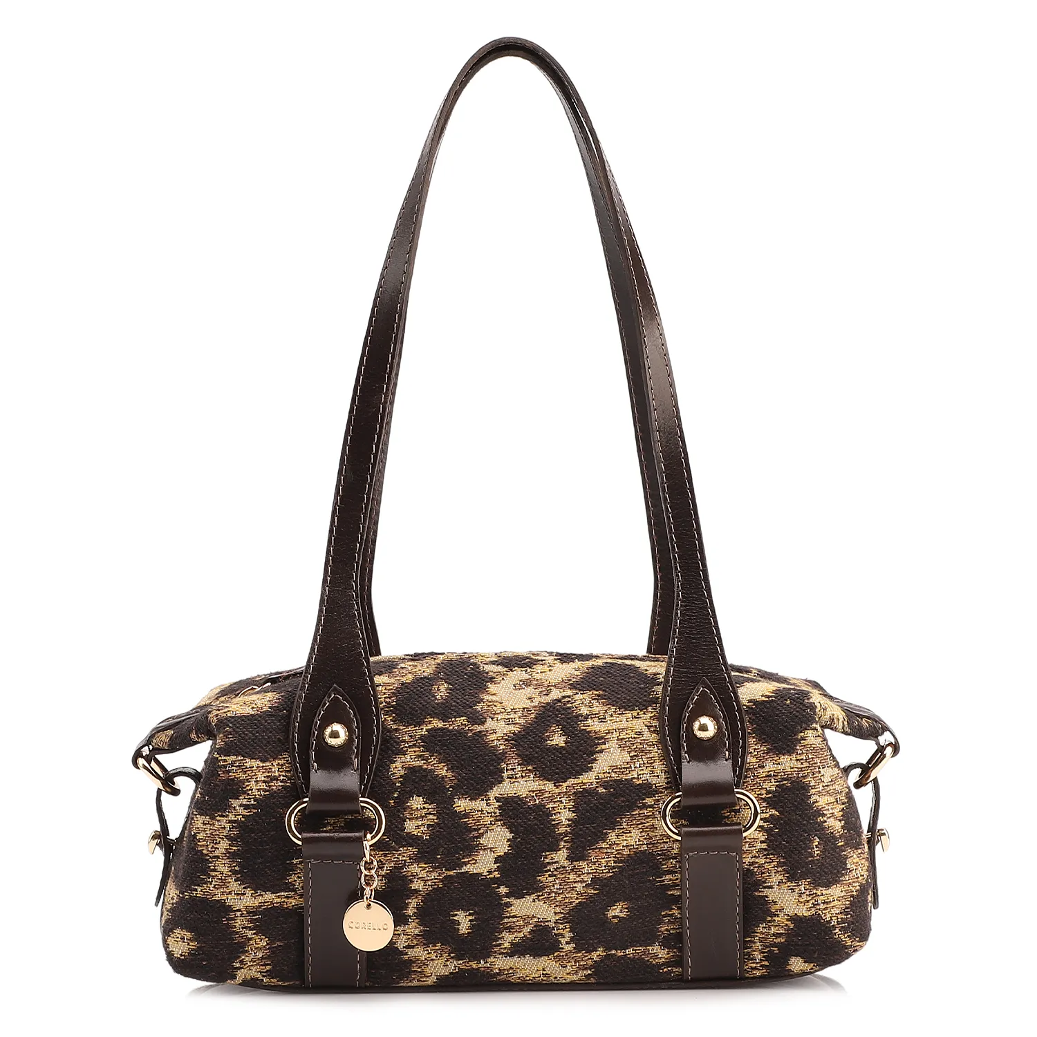 A Bolsa De Ombro Corello é confeccionada tecido jacquard com estampa de onça e couro, apresenta um design moderno e sofisticado. Possui presilhas laterais que valorizam o visual e alça de ombro com detalhes em metal dourado, adicionando um toque extra de elegância e exclusividade à peça.