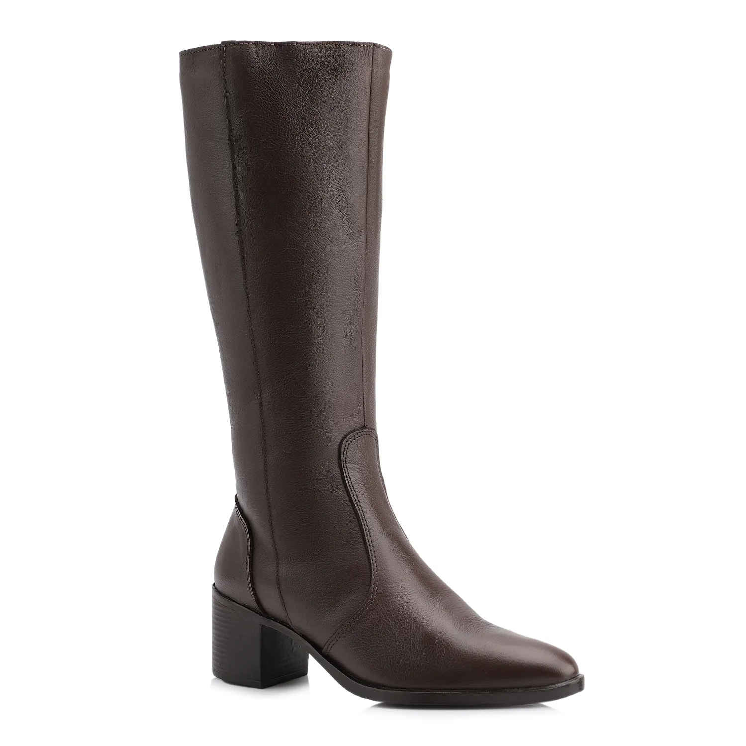 A Bota Corello é feita em couro, em um modelo de cano longo com bico fino e salto bloco, elegância estável e presença sofisticada