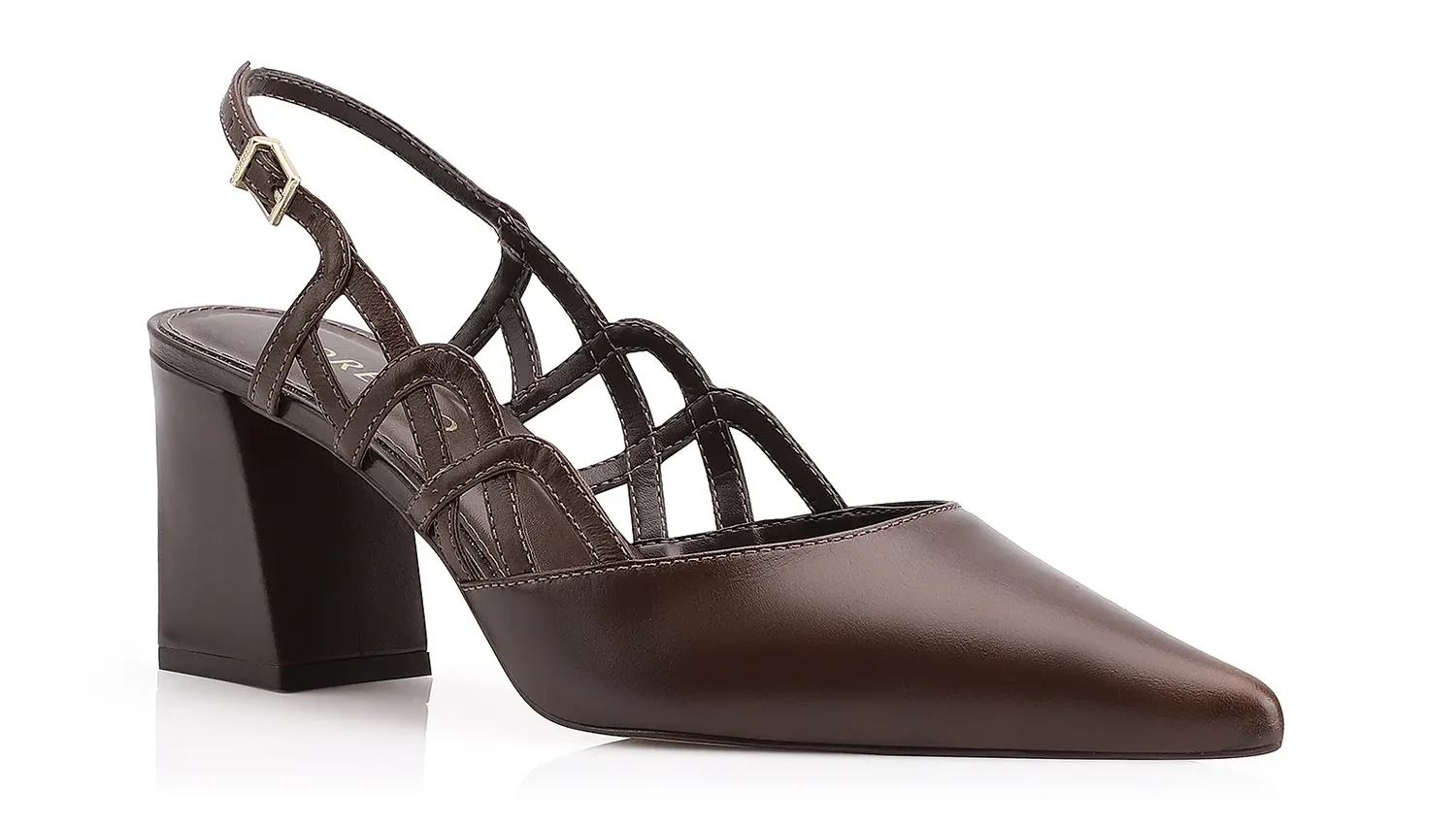 Scarpin Corello é feito em couro, possui bico fino, salto bloco sofisticado e confortável. Seu design slingback com calcanhar aberto e tiras laterais entrelaçadas traduz elegância, ideal para alfaiataria e look profissional