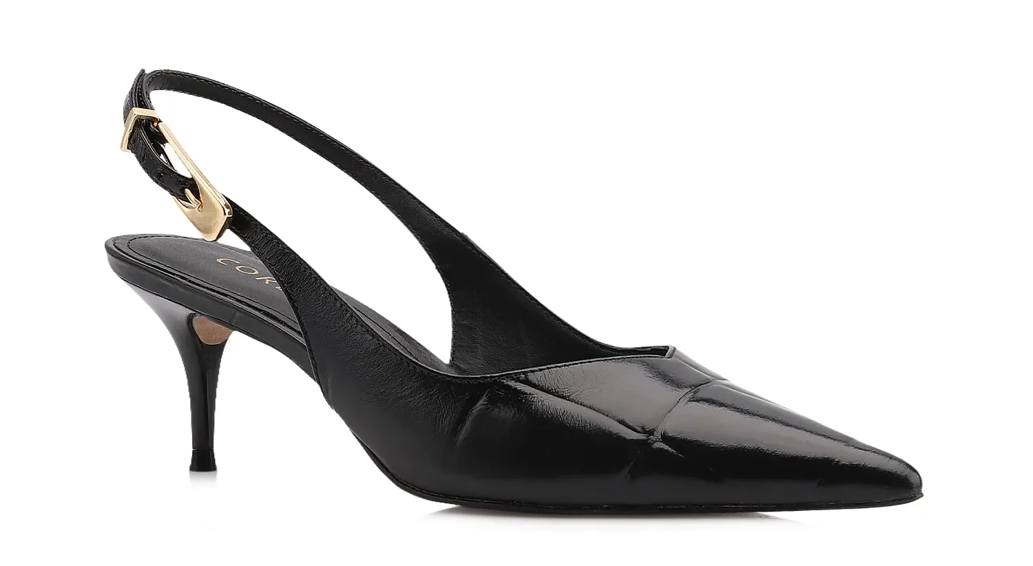 carpin Corello é feito em couro com acabamento em maxi croco, em um modelo bico fino em design slingback sofisticado.