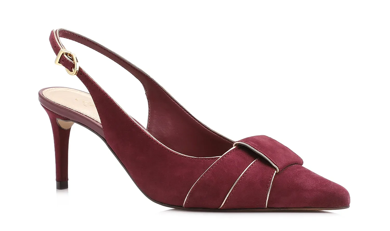 scarpin Corello em couro nobuck apresenta modelo slingback de bico e salto fino, com acabamento dourado elegante no cabedal, sofisticado e versátil,