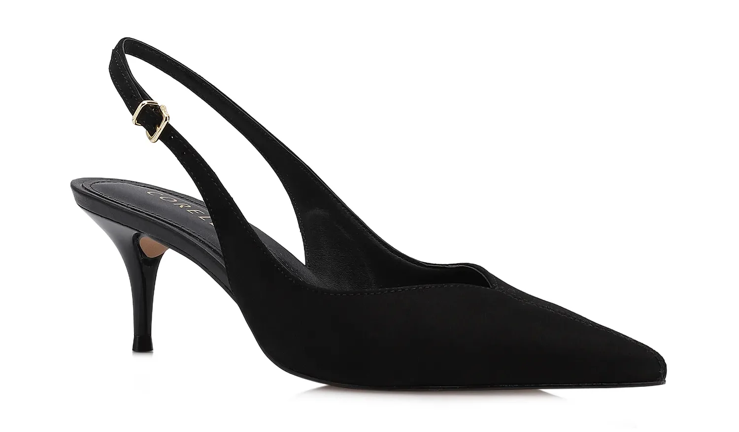 Scarpin Corello produzido em couro nobuck, possui bico fino e salto kitten (salto gatinho) trazendo sofisticação e elegância.